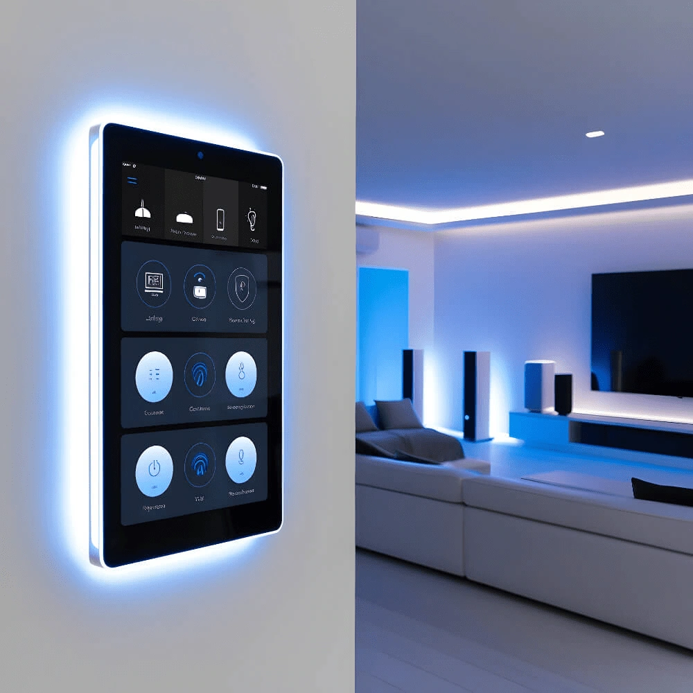 Wandmontiertes Bedienfeld einer Smart Home Zentrale App zur Steuerung von Licht, Sicherheit und Entertainment im modernen Wohnzimmer.