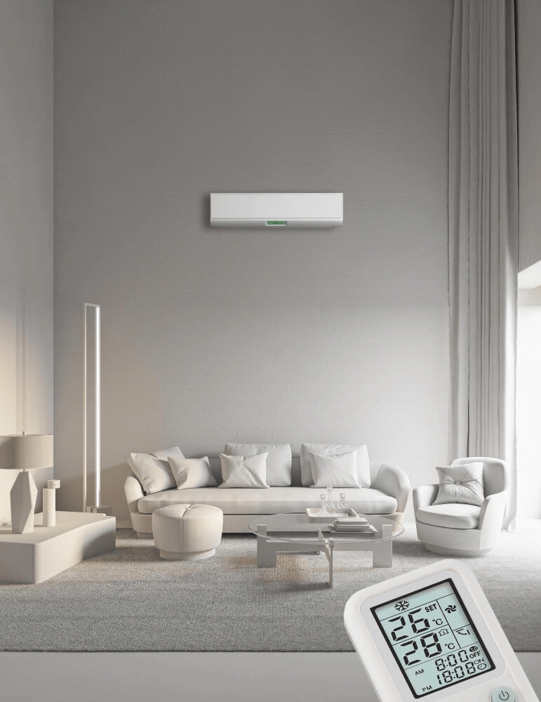Modernes Wohnzimmer mit smarter Klimaanlage 2025 und digitaler Fernbedienung zur Temperatursteuerung.

