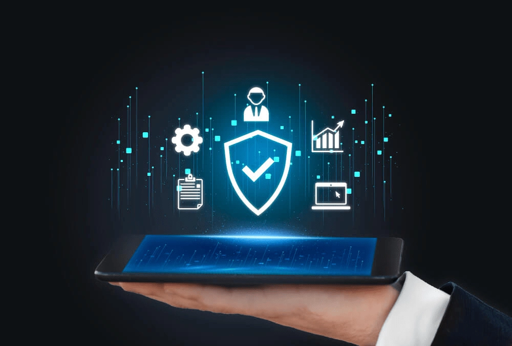 Ein digitales Schloss-Symbol auf blauem Hintergrund repräsentiert Datenschutz und Sicherheit bei der Nutzung von KI-Tools.
