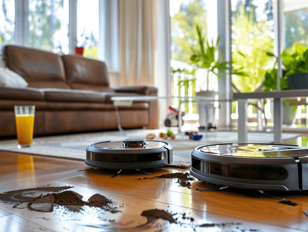 Zwei Saugroboter reinigen einen verschmutzten Holzboden in einem hellen Wohnzimmer mit Couch und Spielzeug.