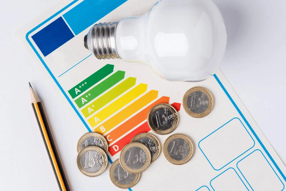 Darstellung einer Energieeffizienzskala mit Glühbirne und Euro-Münzen zur Visualisierung von Stromverbrauch und Einsparpotenzial