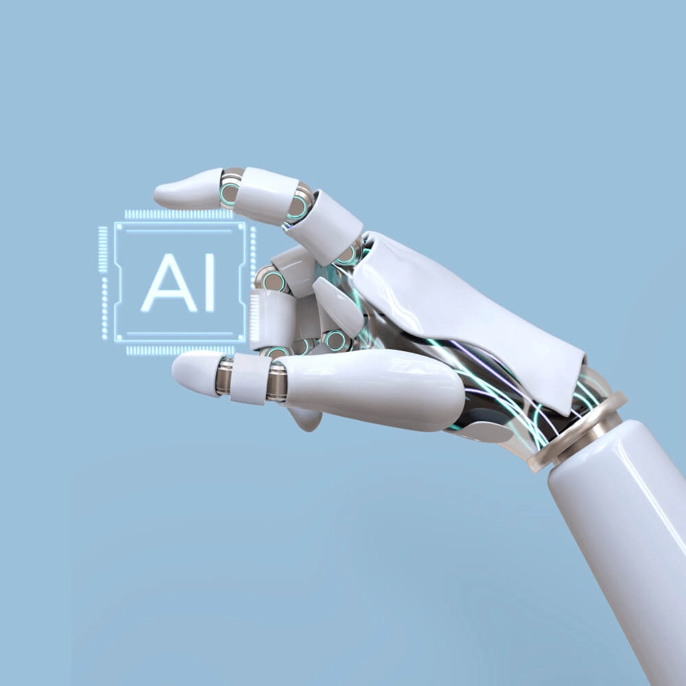 Roboterhand hält ein digitales AI-Symbol vor blauem Hintergrund als Sinnbild für moderne künstliche Intelligenz.